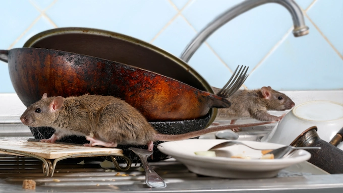 Two brown rats crawling over dishes in a cluttered kitchen sink. Rodents are a common problem pest in the food service industry.