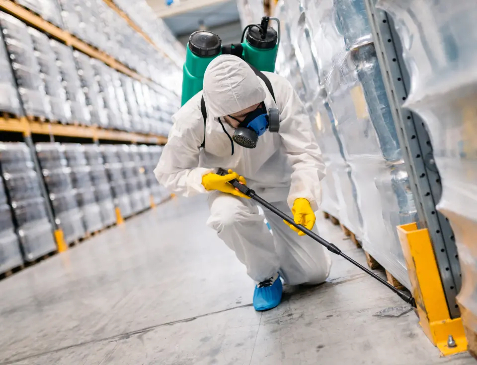 A Pest Technician Spraying for Pests in a Warehouse