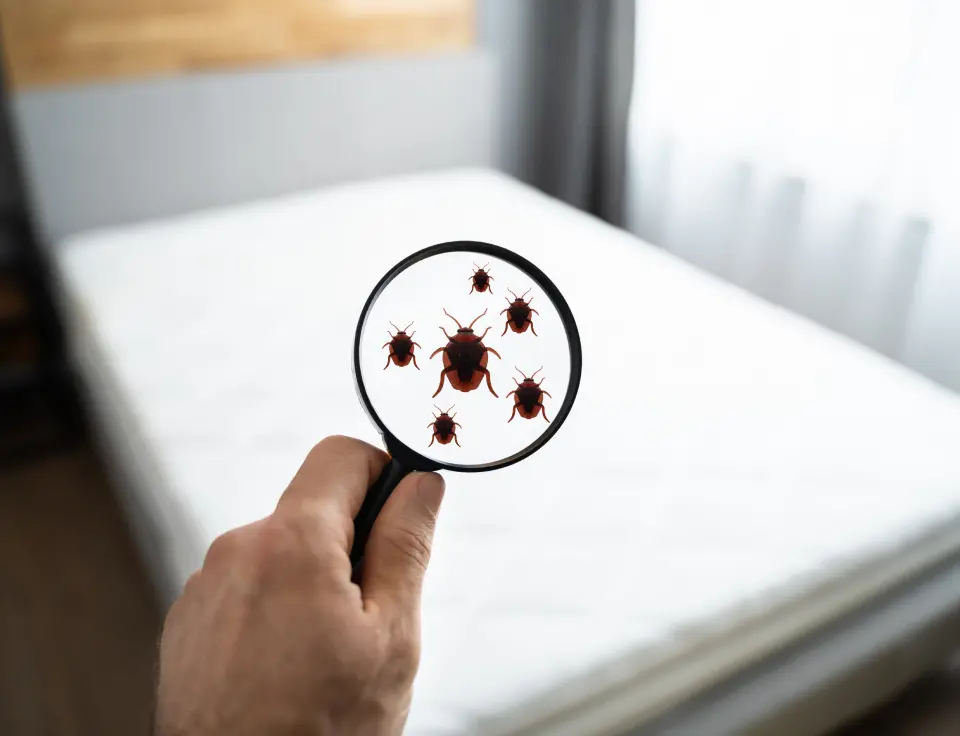 Man Holding a Magnifying Glass Over a Bed to Reveal Ticks