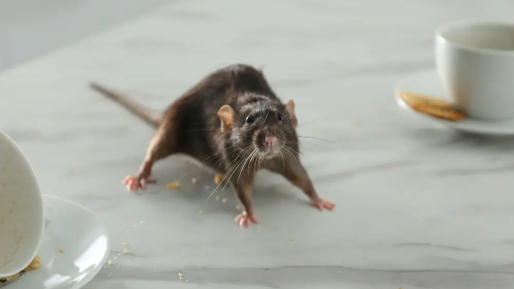 A startled-looking gray rat on a kitchen countertop. Rodent exclusion is a powerful tool to protect your business against a rodent infestation